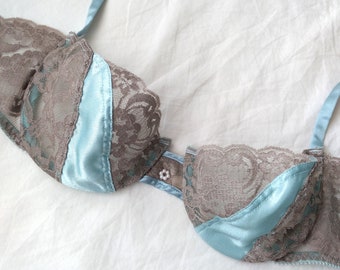 1970s Vintage Christian Dior Light Blue Lace And Satin Balconette Bra | Coquette Romantic Lingerie Boudoir Princess Pearl Applique Regency