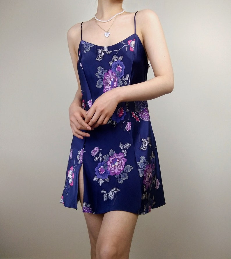 1990s Vintage Victoria's Secret Blue Floral Silk Slip Dress Princess Romantic Glam Lingerie Charmeuse Silk Fairytale Coquette Babydoll image 1