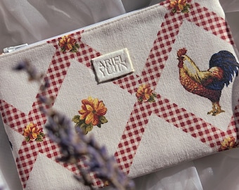 Handmade Rooster Zipper Pouch: Upcycled Canvas Cosmetic Bag