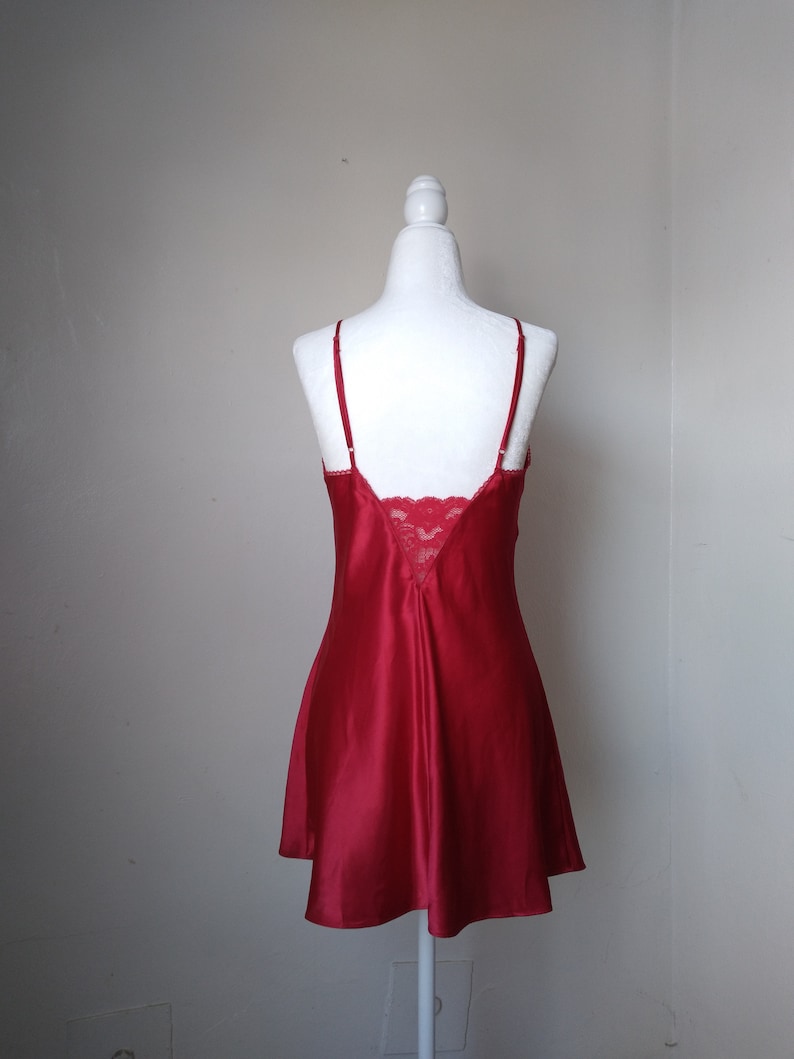 1990s Vintage Victoria's Secret Ruby Red Silky Slip Dress Coquette Lingerie Chemise Babydoll Lace Applique Boudoir Princess Negligee image 3