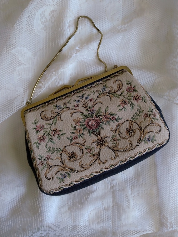 Vintage Needlepoint Wool Purse Bag Mid-century Style Floral Chic