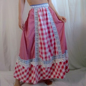 1960s Vintage Handmade Red Gingham Picnic Prairie Skirt Gunne Sax Style Lace Applique Coquette Cottagecore Renaissance Maxi Full Length image 2