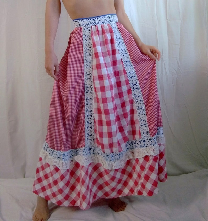 1960s Vintage Handmade Red Gingham Picnic Prairie Skirt Gunne Sax Style Lace Applique Coquette Cottagecore Renaissance Maxi Full Length image 2