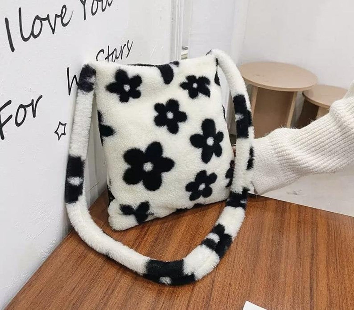 Fuzzy Daisy Messenger Bag with Long Strap Faux Fur Fuzzy Etsy