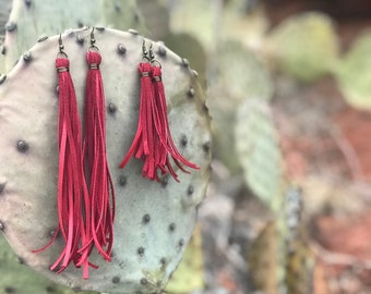 Puede incluir: Un par de pendientes de borla de gamuza roja con ganchos dorados. Los pendientes están colgados de un cactus.