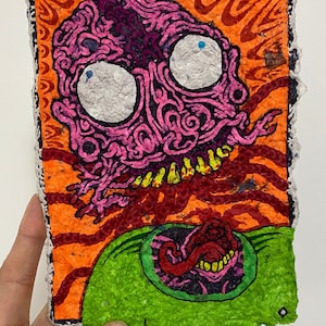 RECYCLED IDEAS - original artwork ink illustration homemade recycled paper psychedelic horror mutant goregrind figurative monster art
