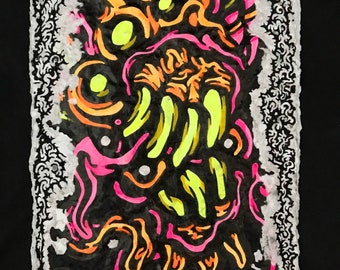 Abyss Dweller! - Original artwork - ink illustration on homemade recycled paper psychedelic horror trippy neon work figurative monster art