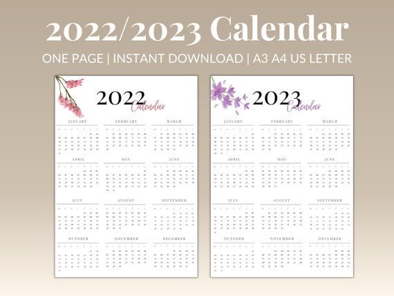 2022 2023 printable one page calendar a4 a3 and us letter etsy