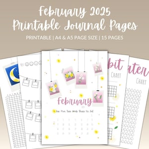 Februar Printable Journal Seiten 2025 | Monatliche Verbreitung | Bujo Aufstrich