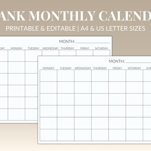 Printable Blank Monthly Calendar | Sunday &amp; Monday Start - Etsy