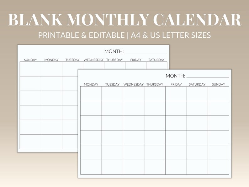 Printable Blank Monthly Calendar | Sunday & Monday Start - Etsy