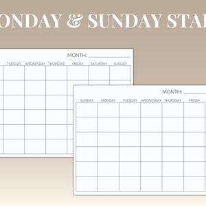 Printable Blank Monthly Calendar | Sunday &amp; Monday Start - Etsy