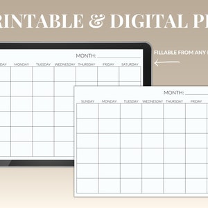 Printable Blank Monthly Calendar | Sunday &amp; Monday Start - Etsy