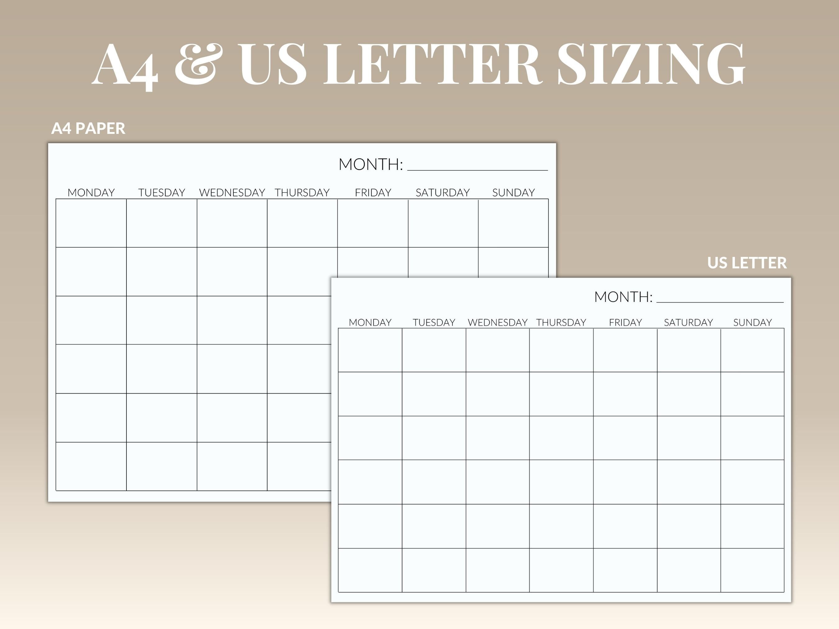 Printable Blank Monthly Calendar | Sunday & Monday Start - Etsy