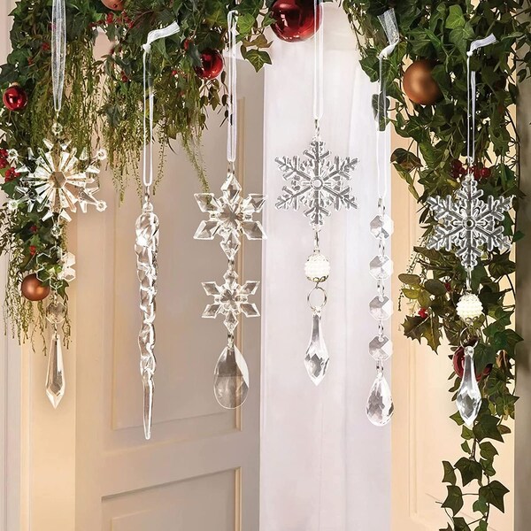 18pcs Crystal Christmas Ornaments for Christmas Tree Decorations Hanging Acrylic Snowflake, Icicle Ornaments with Drop Balls for Christmas