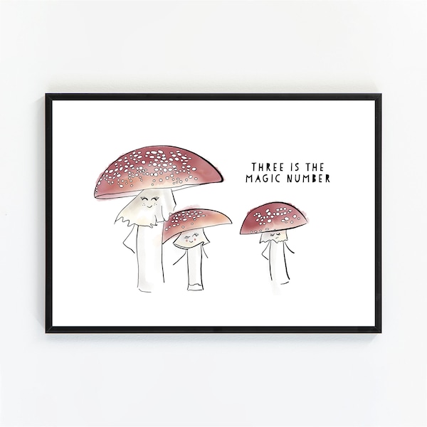 Trzy to magiczna liczba | Sztuka ścienna do pokoju dziecięcego | Wydruk do pokoju dziecięcego | Dekoracja ścienna do pokoju dziecięcego | Wydruk z grzybem | Prezent dla nowego dziecka