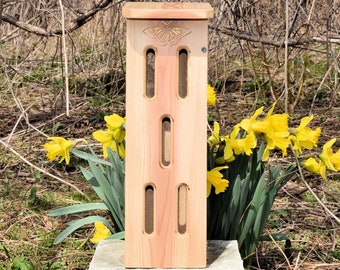 Butterfly House | 17" Tall | Red Cedar | Engraved Butterfly | Ventilated | 3 Coats Water Based Spar Urethane | Side Opening