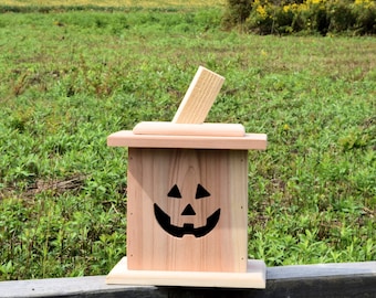 Halloween Jack-O-Lantern "Happy Pumpkin 1" Design with Flickering LED Tea Light w/ Timer & Removeable Lid made from Red Cedar - 2B-2