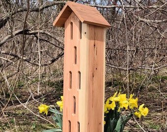 Butterfly House | 24" Tall | Red Cedar | Ventilated | 3 Coats Water Based Spar Urethane | Engraved Butterfly | Side Opening | Gable Roof