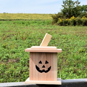 Halloween Jack-O-Lantern &quot;Happy Pumpkin 1&quot; Design with Flickering LED Tea Light w/ Timer & Removeable Lid made from Red Cedar - 2B-2