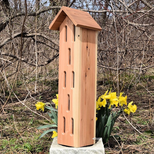 Butterfly House | 24" Tall | Red Cedar | Ventilated | 3 Coats Water Based Spar Urethane | Engraved Butterfly | Side Opening | Gable Roof