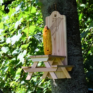 Squirrel Corn Feeder Red Cedar Picnic Table Design Engraved Ear of Corn Gift for Nature Lovers image 2