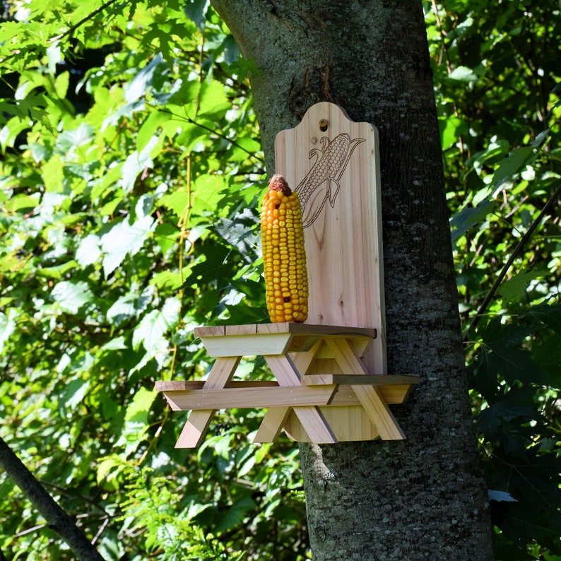 Squirrel Corn Feeder Red Cedar Picnic Table Design Engraved Ear of Corn Gift for Nature Lovers image 2