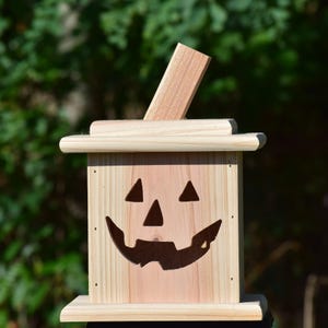 May include: A wooden jack-o'-lantern box with a carved face and a slot for inserting items. The box is made of light-colored wood and has a rectangular shape with a flat base. A wooden piece is inserted into the top.
