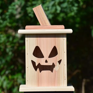 May include: A wooden birdhouse with a carved jack-o'-lantern face. The birdhouse is made of light-colored wood with a darker, carved face. A small wooden piece is angled upward from the top. Perfect for Halloween decor.