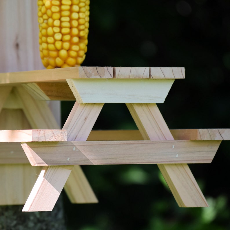 Squirrel Corn Feeder Red Cedar Picnic Table Design Engraved Ear of Corn Gift for Nature Lovers image 9
