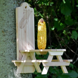 Squirrel Corn Feeder Red Cedar Picnic Table Design Engraved Ear of Corn Gift for Nature Lovers image 6