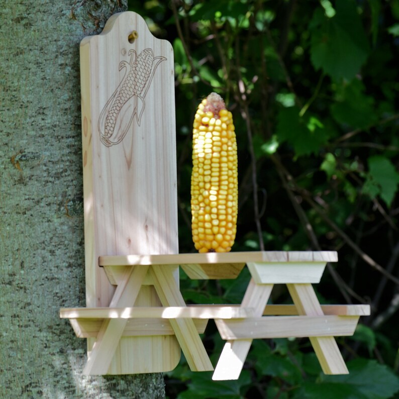 Squirrel Corn Feeder Red Cedar Picnic Table Design Engraved Ear of Corn Gift for Nature Lovers image 6