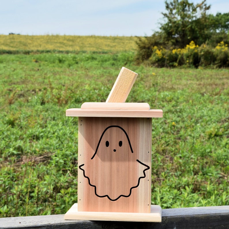 Halloween Jack-O-Lantern Ghost Design with Flickering LED Tea Light w/ Timer & Removeable Lid made from Red Cedar 2A-1 image 1