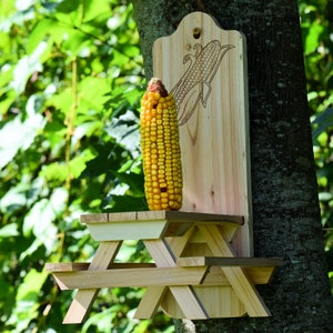 Squirrel Corn Feeder - Red Cedar - Picnic Table Design - Engraved Ear of Corn - Gift for Nature Lovers