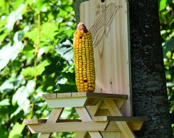 Squirrel Corn Feeder - Red Cedar - Picnic Table Design - Engraved Ear of Corn - Gift for Nature Lovers