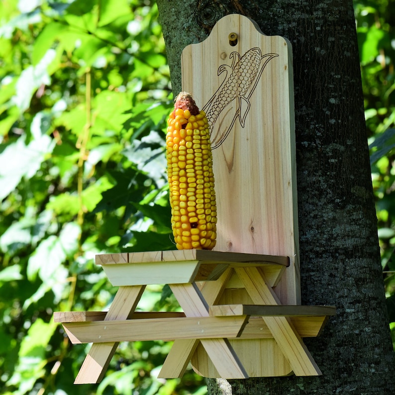 Squirrel Corn Feeder Red Cedar Picnic Table Design Engraved Ear of Corn Gift for Nature Lovers image 1