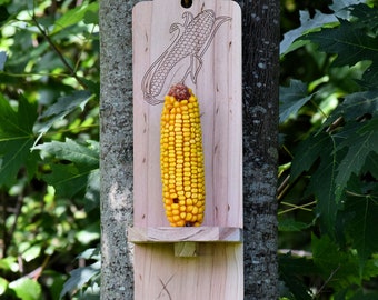 Corn Cob Squirrel Feeder - Handcrafted from Red Cedar - Engraved Ear of Corn - Nature & Garden Decor