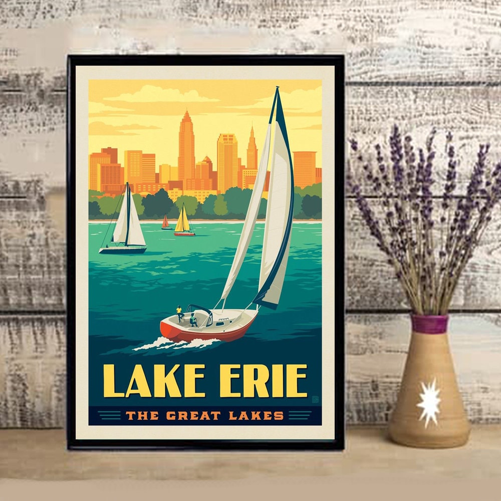 Great Lakes Lake Erie Poster Travel Poster Wall Art Home Etsy
