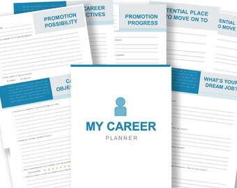 May include: A printable career planner with a blue and white design. The planner includes sections for promotion possibilities, career objectives, promotion progress, potential places to move on to, and what's your dream job?
