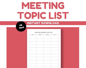 Meeting Topic List | Meeting Template | Editable Template | Business Template | Administrative Professional Resource | Office Resource