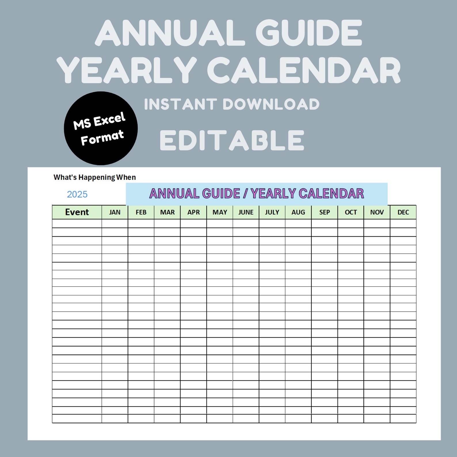 Editable Annual Calendar Template: Excel Spreadsheet Planner (digital ...