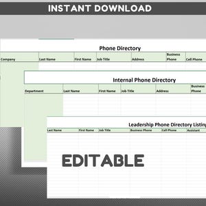 May include: Editable phone directory spreadsheets with three different sections: Phone Directory, Internal Phone Directory, and Leadership Phone Directory Listing. Each section has columns for company, department, last name, first name, job title, address, business phone, cell phone, and assistant.