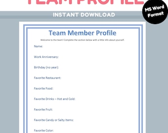 Team Profile Sheet | Team Profile Template | Editable Employee Template | Editable Template | New Employee Profile