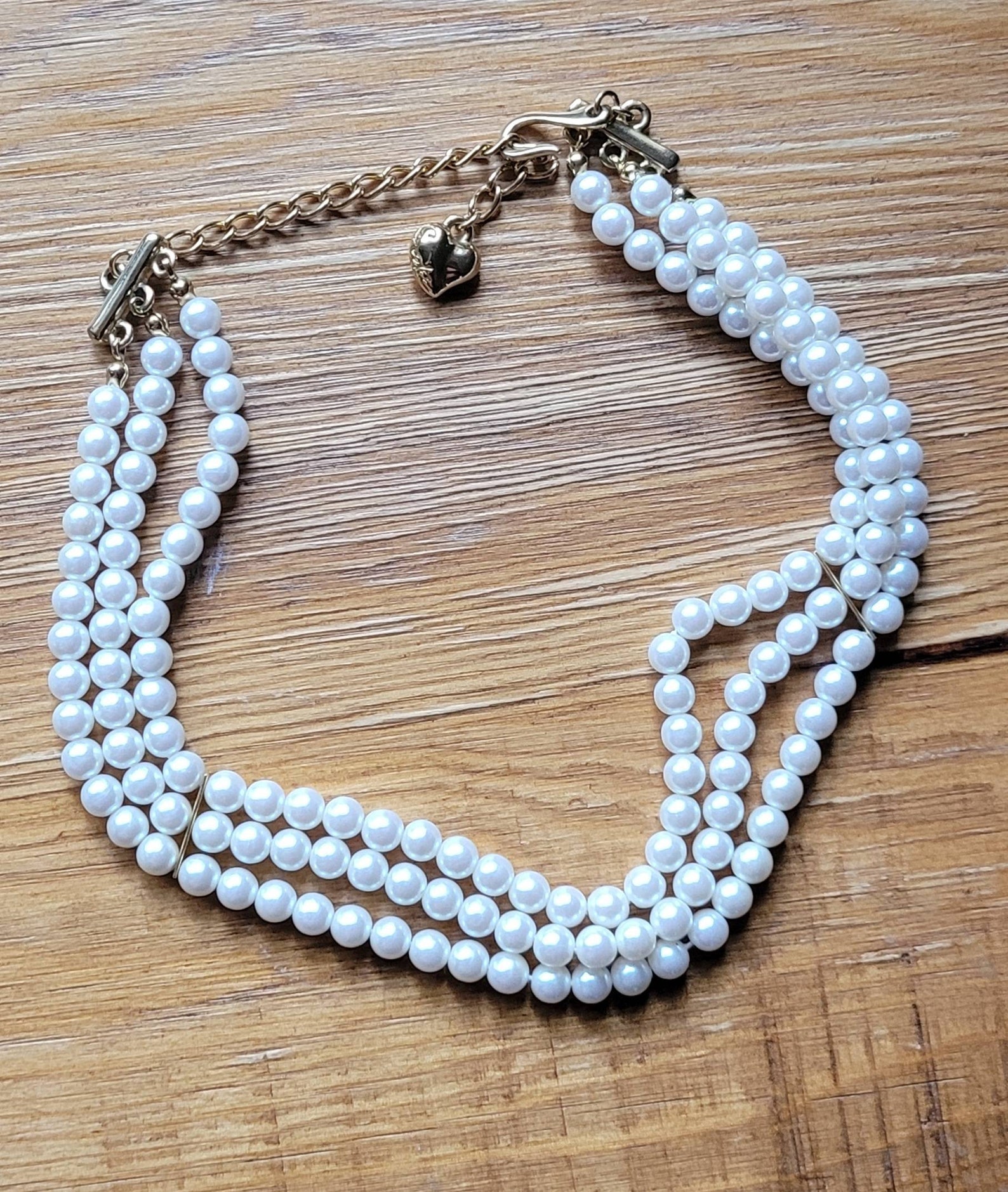 Vintage Carolee 3 Strand Faux Pearl Gold Tone Necklace Etsy