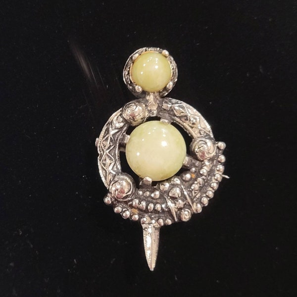 Vintage Silver Tone Green Marble Glass Sword and Circle Kilt Brooch