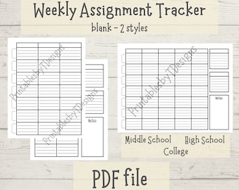 Weekly Assignment Tracker, blank, Homework Planner, middle school high school college student planner home school printable planner template