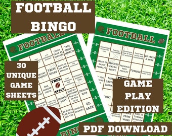 May include: A green and brown printable bingo card with the title "Football Bingo" and the text "Game Play Edition" and "PDF Download". The card has 25 squares with various football-related terms, such as "Delay of Game Penalty", "Fumble", "QB Takes a Knee", and "Too Many Men on the Field".