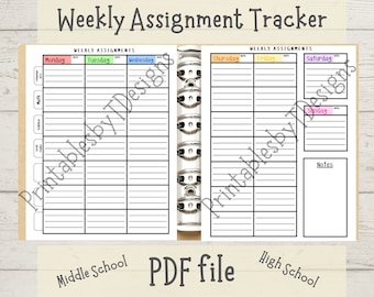 homework planner Weekly Assignment Tracker, two pages, homework planner, middle school, high school student planner, PDF, home school printable