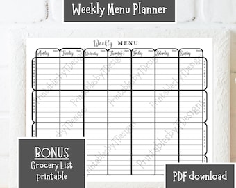 Weekly Menu Planner, Grocery List, weekly meal plan, meal prep, grocery list printable, PDF, menu printable