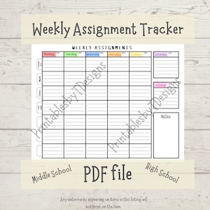 Weekly Assignment Tracker, one page, Homework Planner, middle school, high school student planner, PDF, home school printable seven subjects